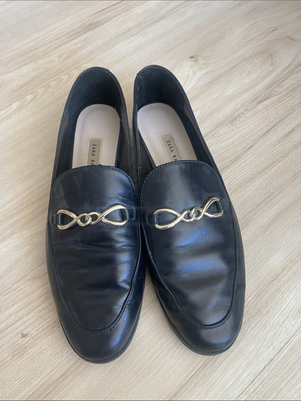 Zara Black Leather Loafers with Gold Chain Detail